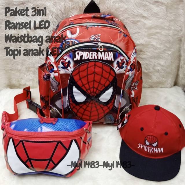 Tas anak paud led superhero gratis topi dan waisbag