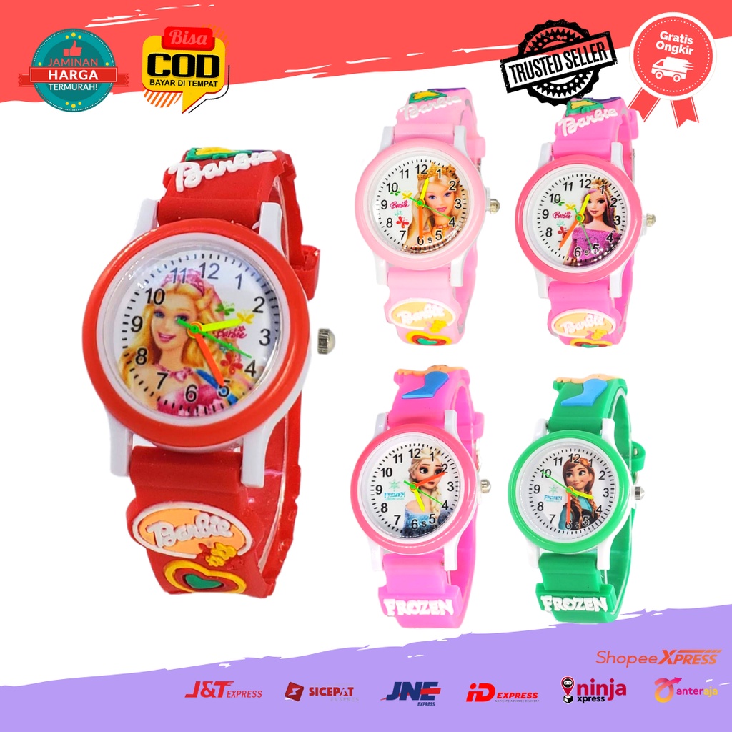 [COD] Jam Tangan Anak Cewek Analog Strap Rubber Karakter Kartun Elsa Frozen Barbie Masha Mickey Mous