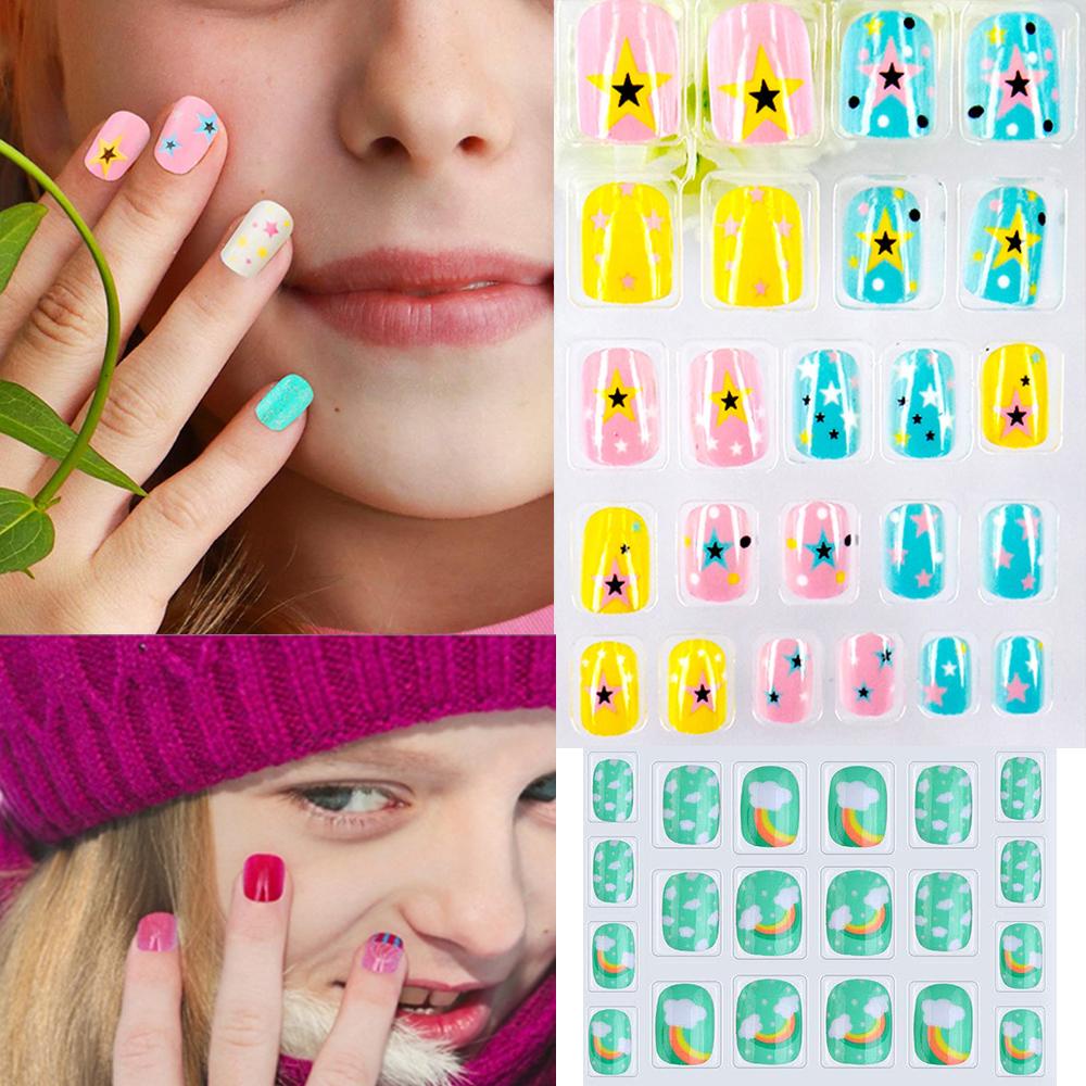 Agustina Anak Tips Kuku Palsu 24Pcs/box Lucu Tekan on Kuku Kartun Pendek DIY Nail Art