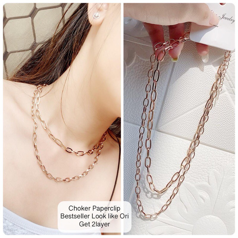 Kalung Choker Gold Paperclip 2 Layer Mirip Emas ASli