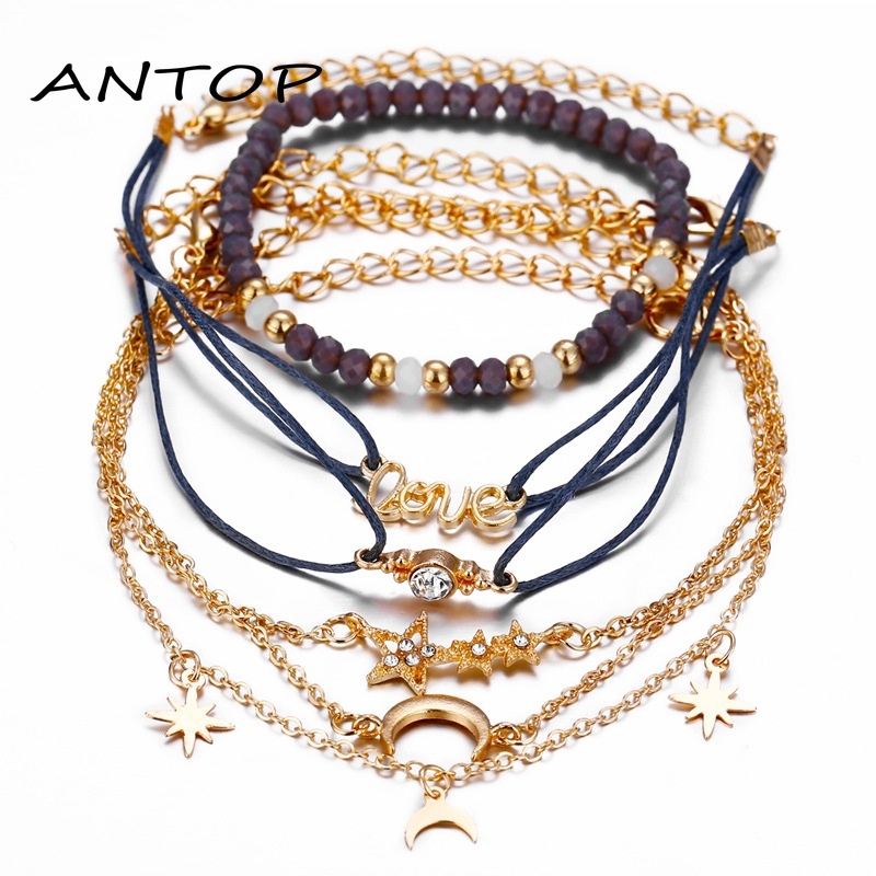 6 Pcs Retro Gelang Set Bintang Bulan Gelang Fashion Wanita Aksesoris Hadiah Teman Terbaik ANTOP