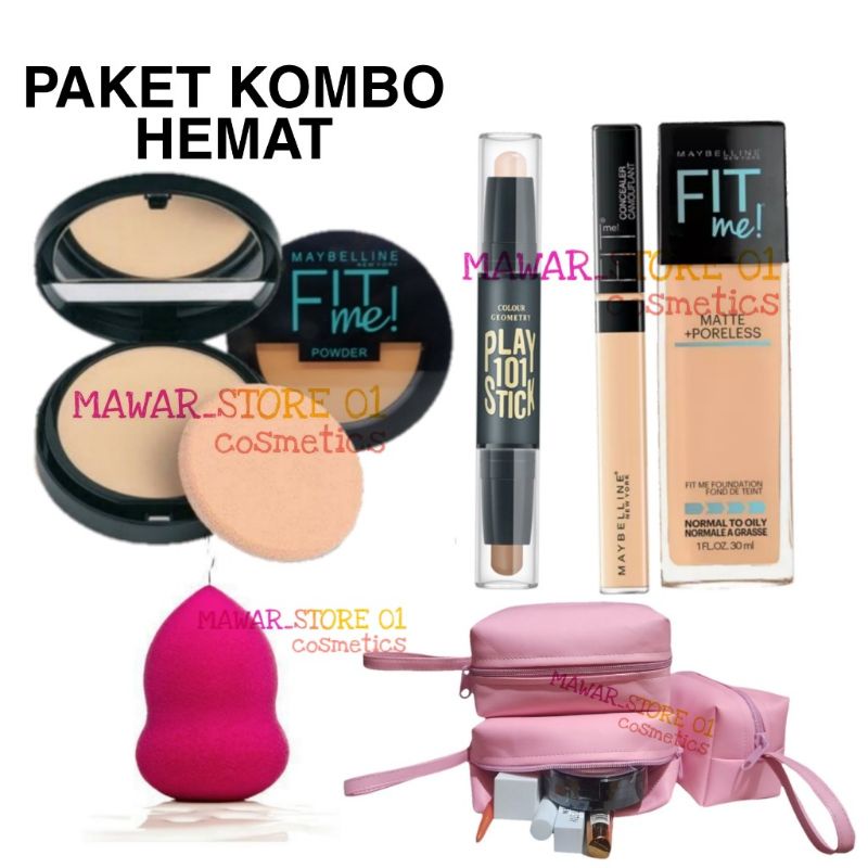 COD Paket Kosmetik Maybelline Fit Me 4 In 1 Bedak Padat Basah Contour Concaeler Fondation + sepon free tas