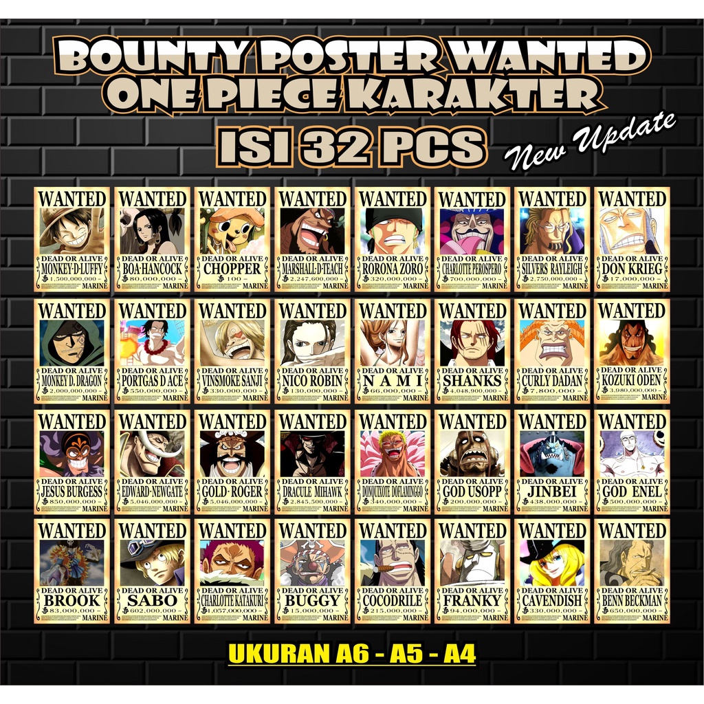 Jual Poster Bounty One Piece Karakter Poster One Piece 1 Paket Isi 32 Pcs Cod Shopee 3218