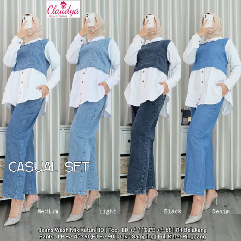 Casual Set - Setelan Wanita Dewasa Atasan Blouse Celana Basic Bahan Jeans Wash Mix Katun Motif Polos