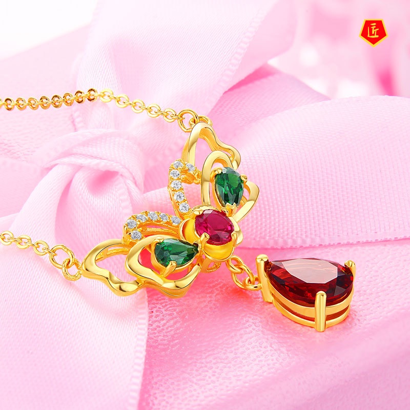 [Ready Stock]Golden Butterfly Necklace Women's Luxury Fashion Inlaid with Colored Jewels