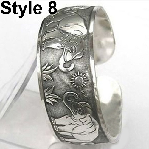 Hu Hu Hu Hu Hu Alat Bantu Pasang Kacamata♡ Gelang Bangle Open Vintage Tibet Desain Ukiran Gajah Warna Silver Untuk Wanita