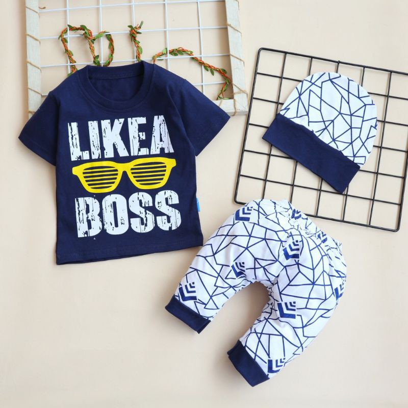 Setelan Baju Bayi Set Topi Anak Laki-laki Usia 6-18 bulan Motif  Like A Boss