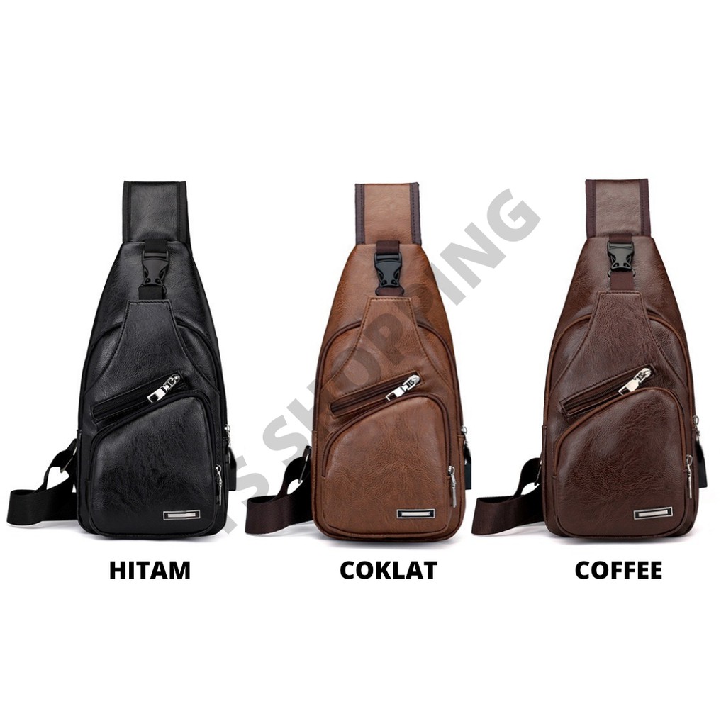 Tas Selempang Kulit Pria Premium High Quality / Tas Selempang Dengan Port Usb