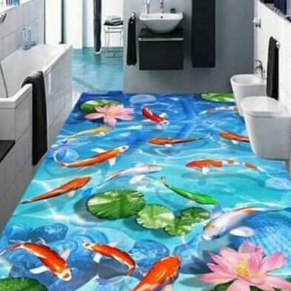 Wallpaper Custom 3D Lantai Wallpaper Stiker Lantai Ikan Koi Biru
