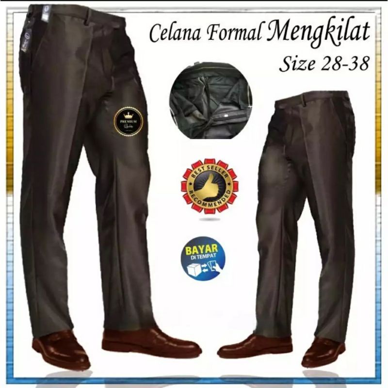 Celana Formal Pria Bahan Mengkilap Slimfit Kerja Dasar Metalik  UK 27-38 Navy Hitam