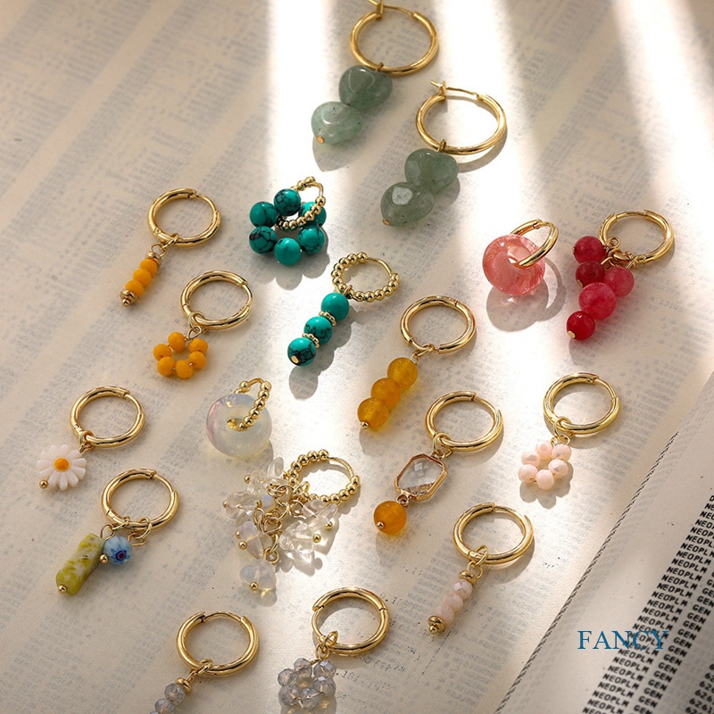 Anting Kait Gantung Desain Manikmanik Batu Alam Gaya Bohemian Handmade Untuk Wanita