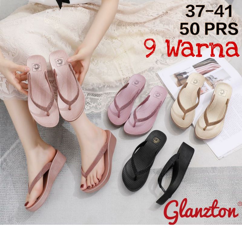 Glanzton Sandal Wedges Jepit Wanita Karet Jelly Gliter Tali Blink Glitter Glossy Cantik Import Casual 5cm L1895 Sendal Japit Impor Perempuan Cewek Glanston Glaston