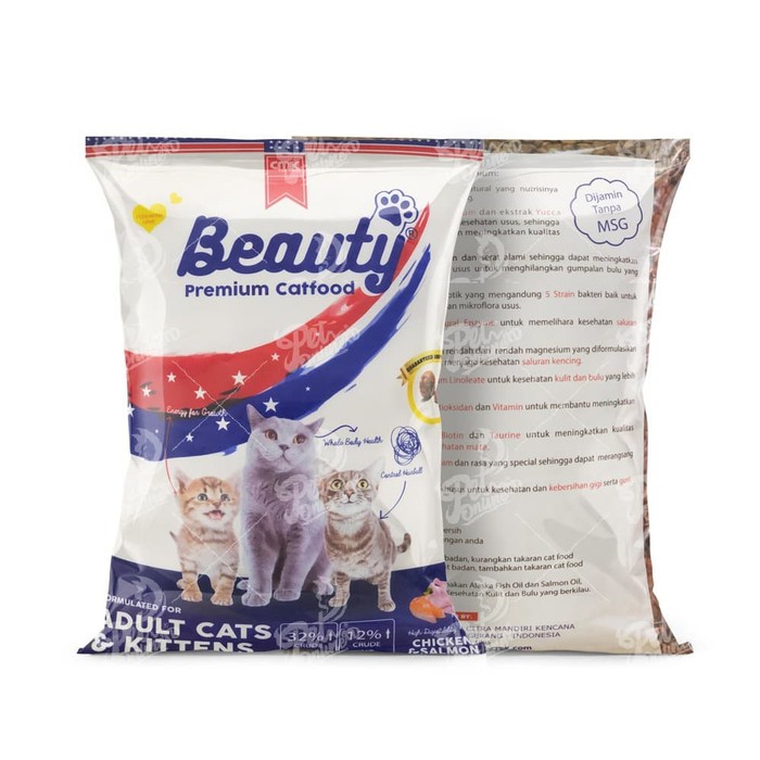 Beauty Cat Premium 950gr Repack Adult Kitten Chicken Salmon Makanan Kucing Kering Dry 950gr