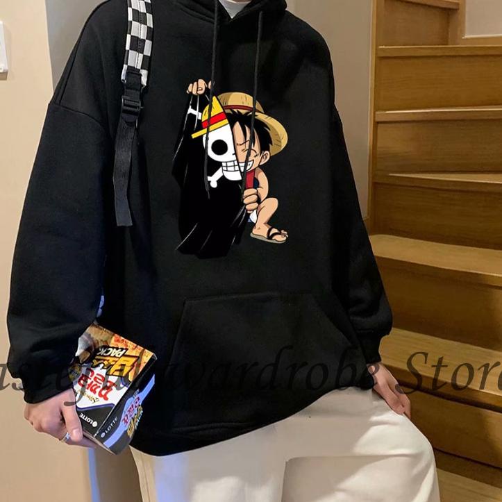 {MURMER} Jaket Hodie Anime One Piece Luffy Pria Wanita Sweter Aesthetic Simple Animasi Hip Hop Kpop 