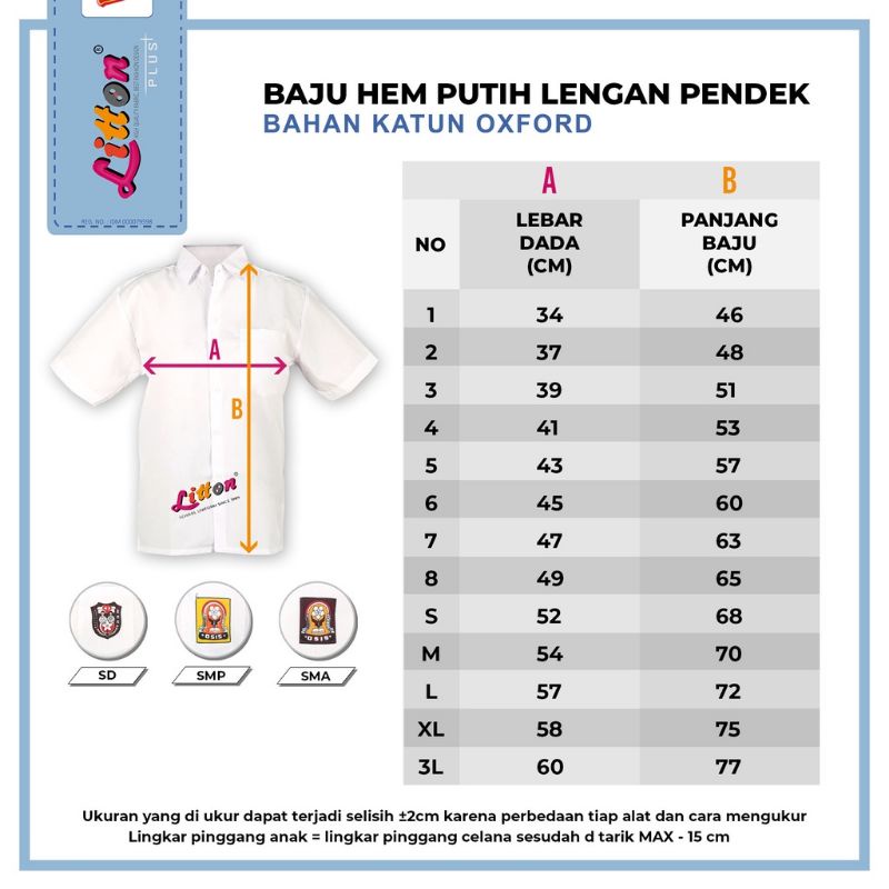 LITTON Oxford Seragam Sekolah Putih Polos Lengan Pendek / Seragam SD SMP SMA / Pakaian Atasan Sekolah