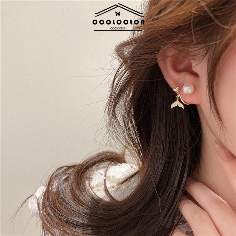 CODPearl Fishtail Back Hanging Earrings Wanita High-end Cahaya Mewah Penuh Berlian Anting Geometris- cl