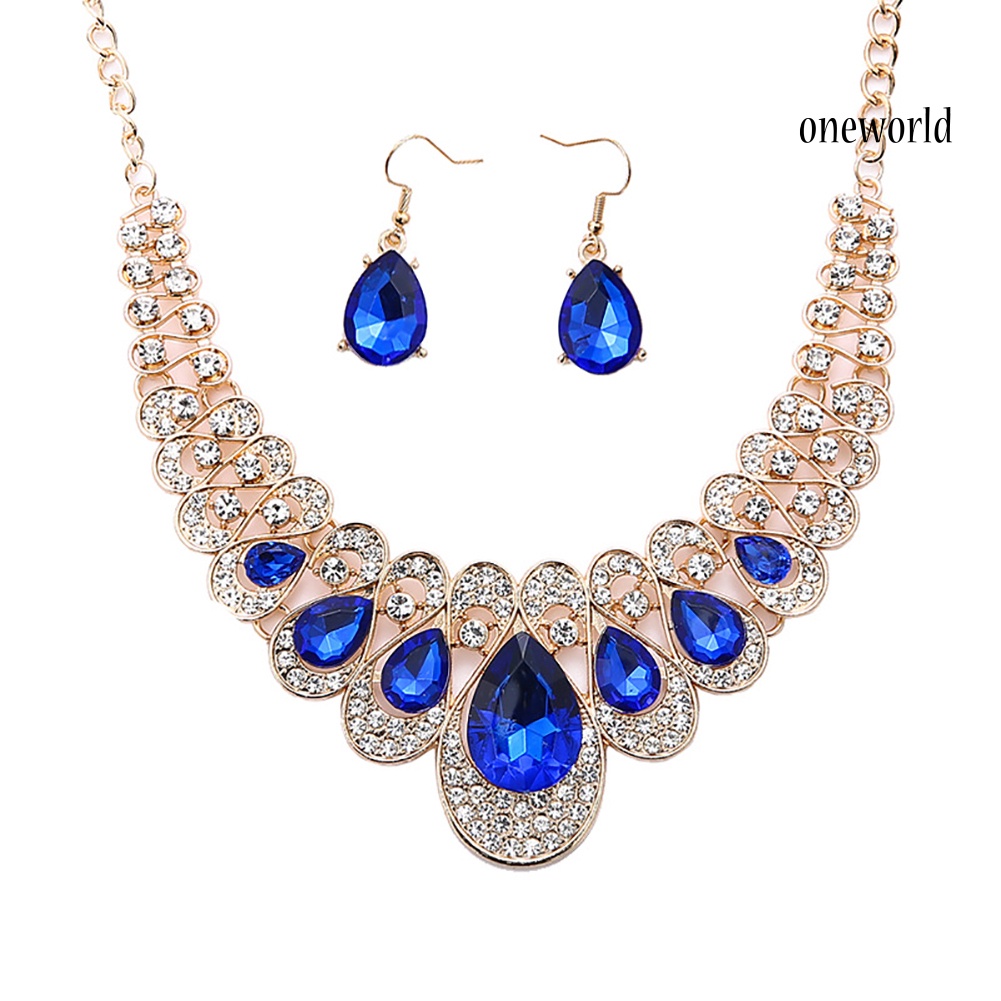 OW@ 2Pcs/Set Teardrop Rhinestone Statement Bib Necklace Earrings Bridal Jewelry Gift