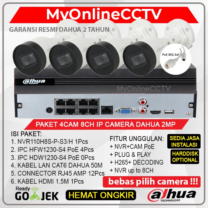 Paket CCTV 4 IP Camera 2MP Dahua Lengkap NVR 8Ch Outdoor