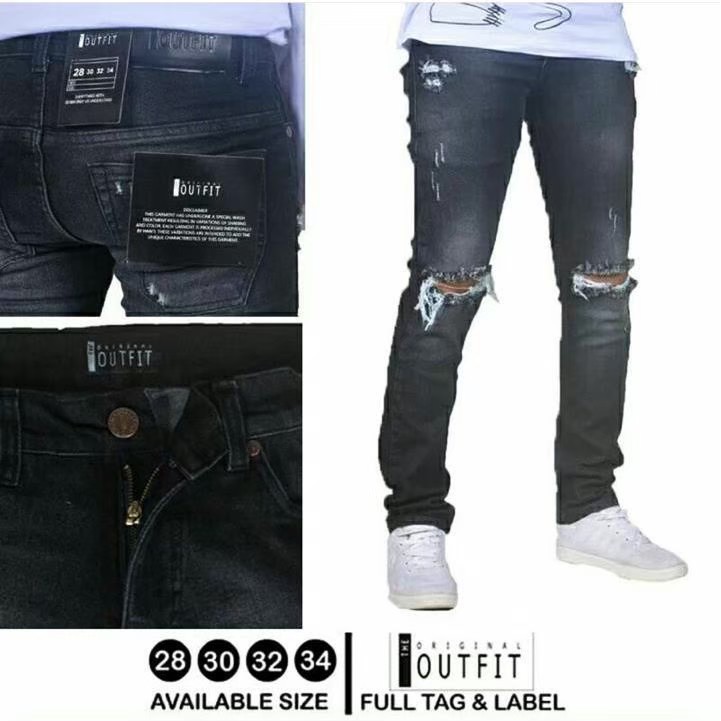 Celana Jeans Sobek Pria Slimfit Skinny Stretch Ripped Jins Panjang Robek Clana Cowok Pensil Hitam