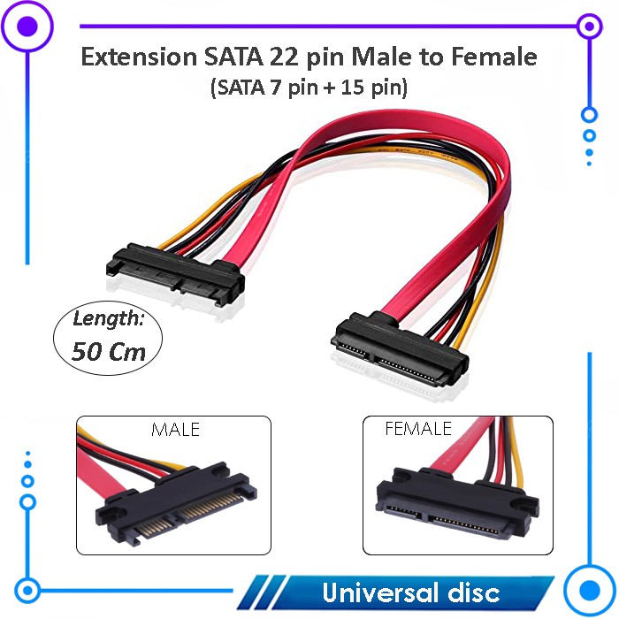 Kabel Extension SATA 22 Pin Male to Female SATA 7 + 15 pin 50cm