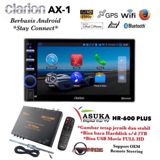 PAKET PROMO Clarion AX-1 Double Din GPS Head Unit Audio Tape Mobil & ASUKA HR-600 TV Tuner Digital
