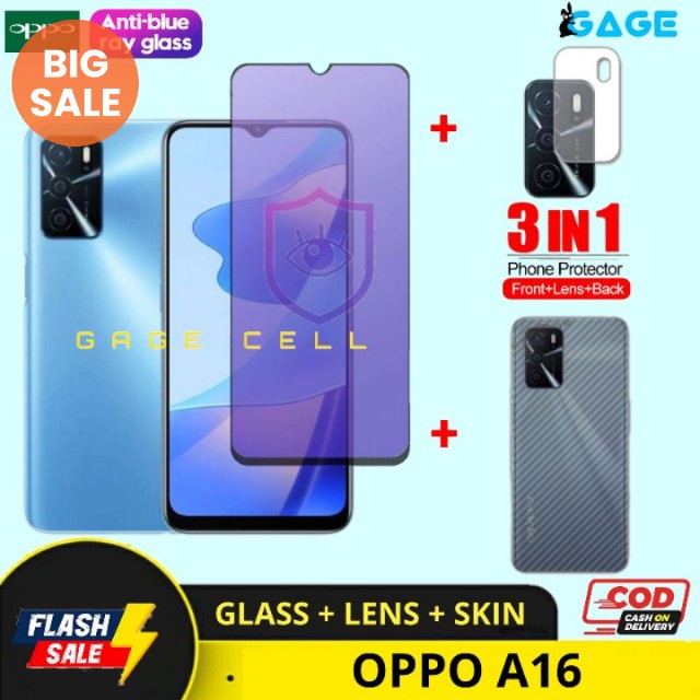 PAKET 3IN1 TEMPERED GLASS ANTI RADIASI BLUE LIGHT OPPO A16 FULL LAYAR SCREEN PREMIUM