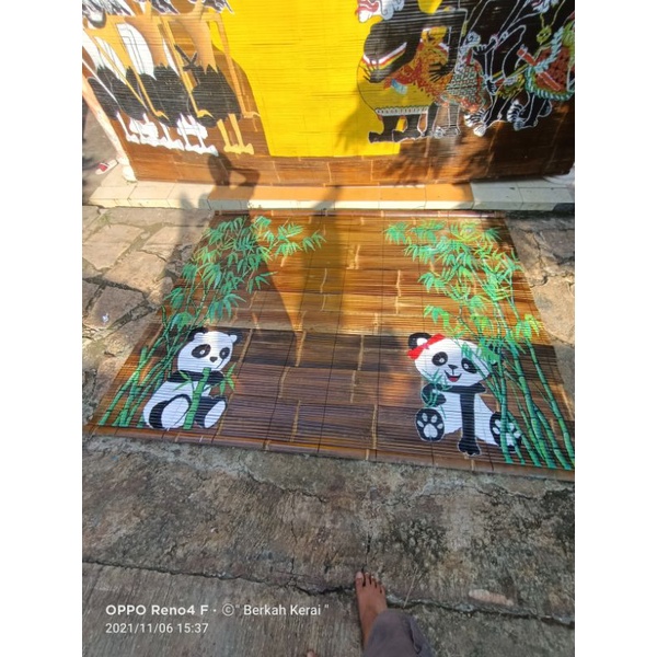 Tirai bambu motif panda paket 3 lembar lengkap katrol gulungan
