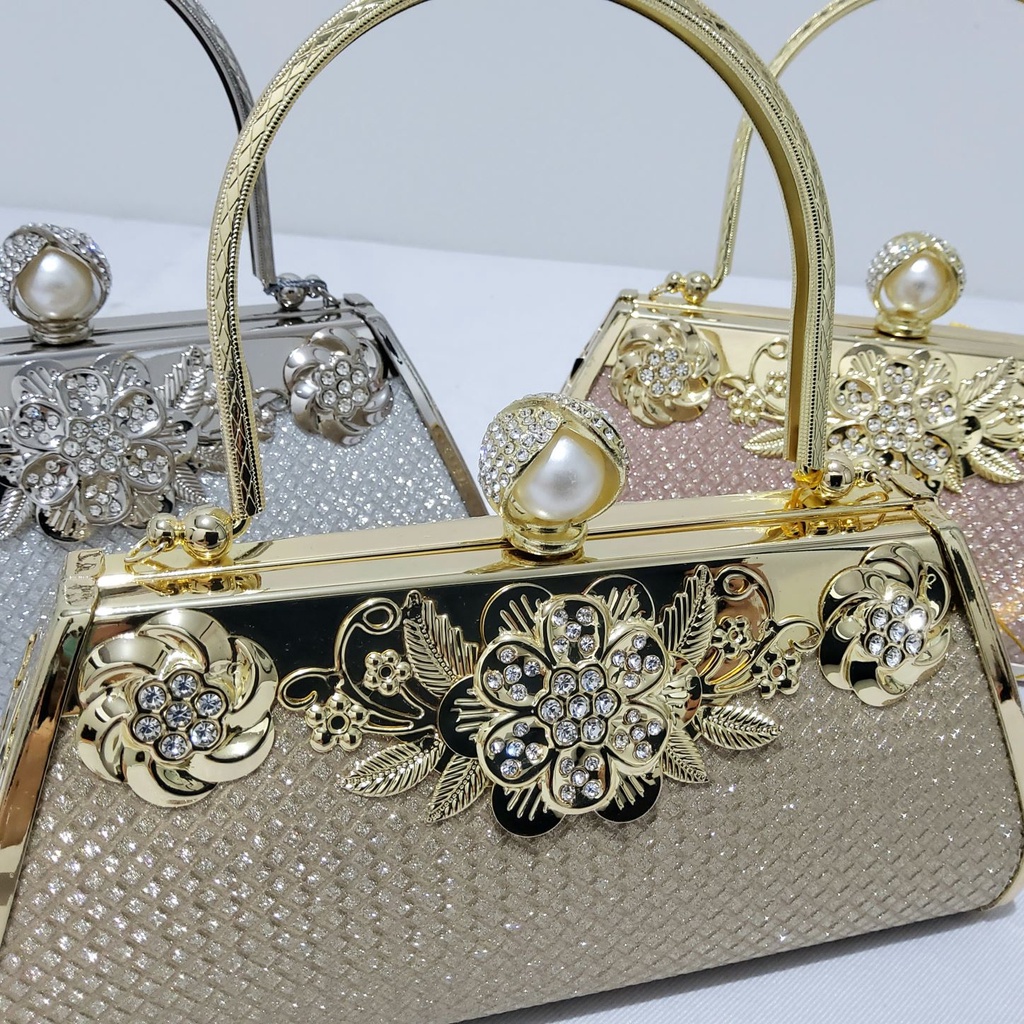 Model Terbaru! Tas Pesta Farnell Import Clutch Kondangan Wanita Diamond Mutiara Bunga Cantik Mewah 2929/2908