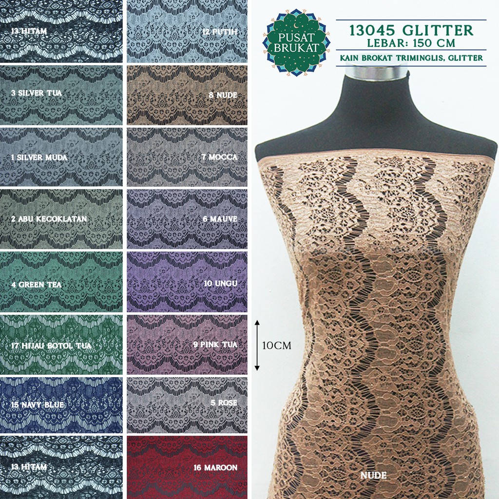 KAIN BROKAT SALUR TRIMINGLIS GLITTER / BRUKAT RENDA PINGGIRAN 13045, LEBAR 150CM [harga per 0.5m]