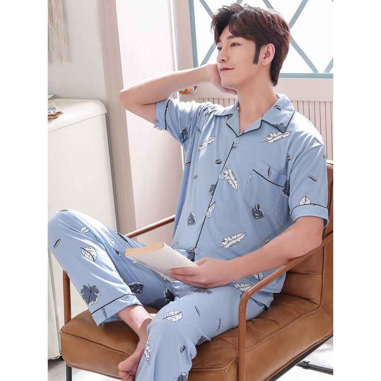 Cp piyama cowok dewasa corak kotak/Piyama Baju Tidur Pria Dewasa Import/setelan piyama lengan pendek-CP.KRAH F.LEAF BLUE