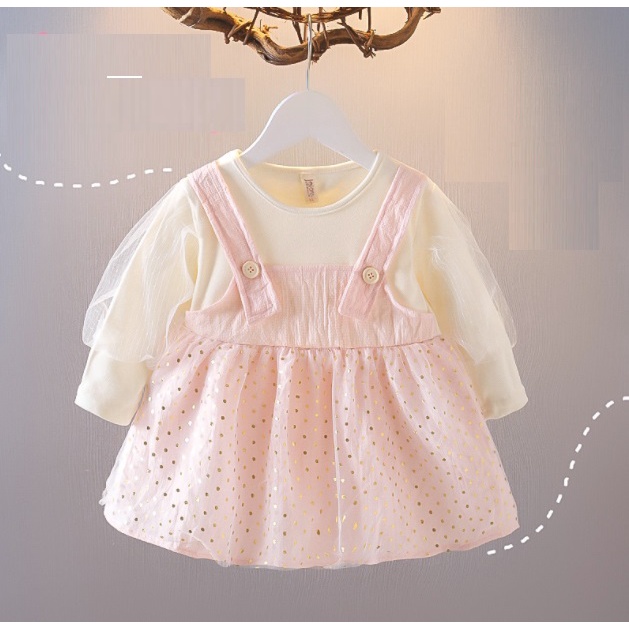 Dress tutu dress lengan panjang anak perempuan 2 KANCING ROK POLKADOT EMAS