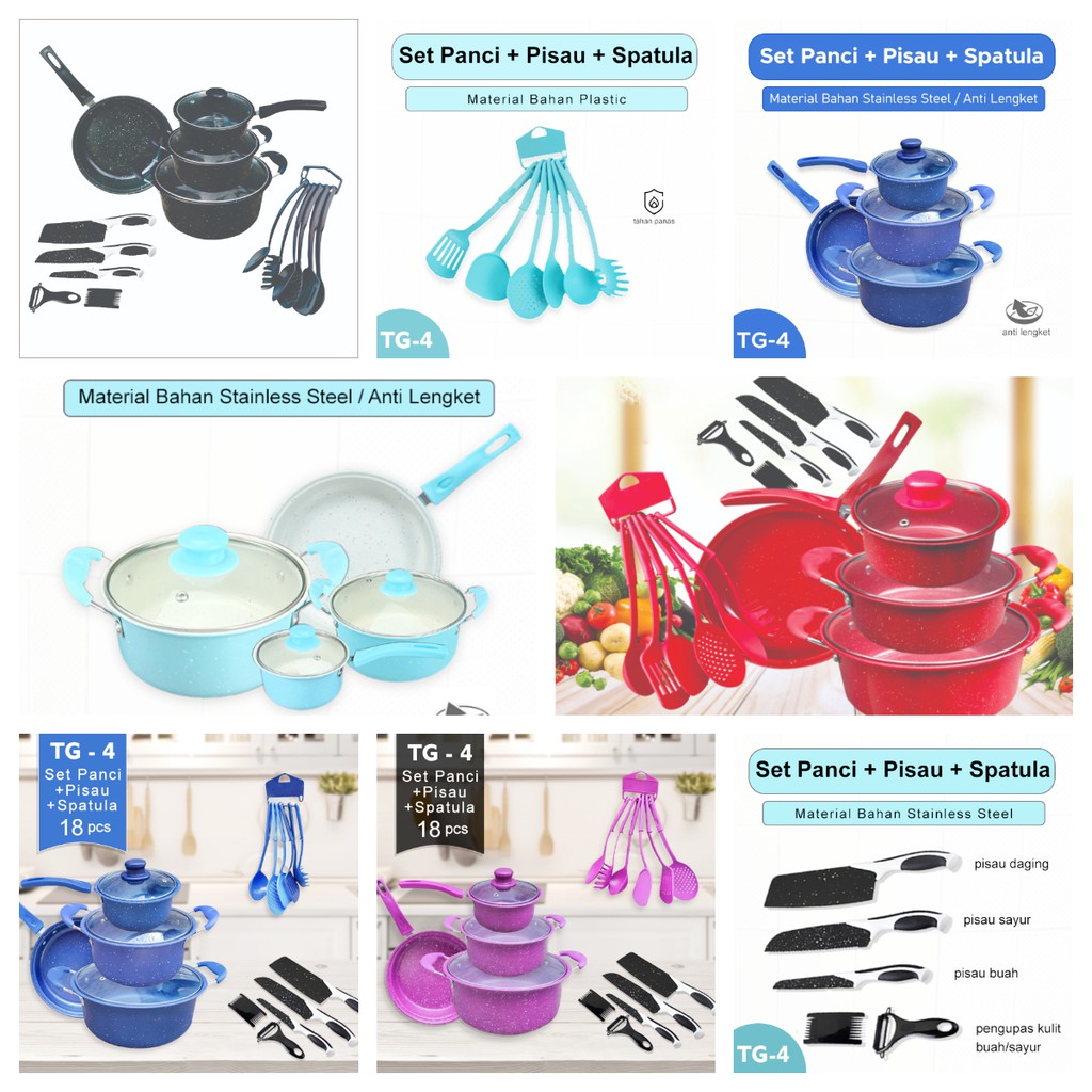 Panci set anti lengket Teflon Panci Set Warna Cookware Frypan 18 Pcs