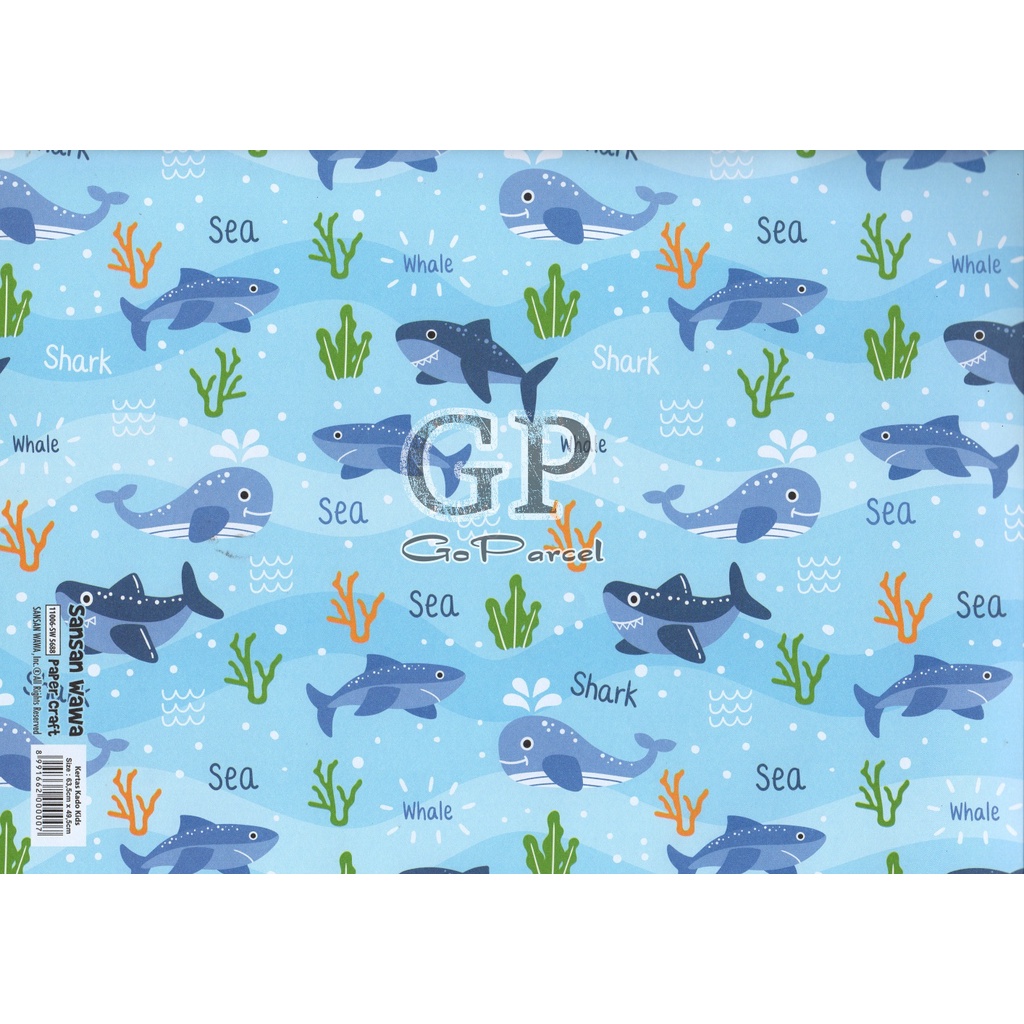 ( 5 Lembar ) SEA ANIMAL SANWA -  KERTAS KADO OCTONOUTS - GIFT WRAP PAPER SANSAN WAWA SHARK SEALIFE NEMO / FISH / IKAN / HIU / OCTOPUS / SEAGUL