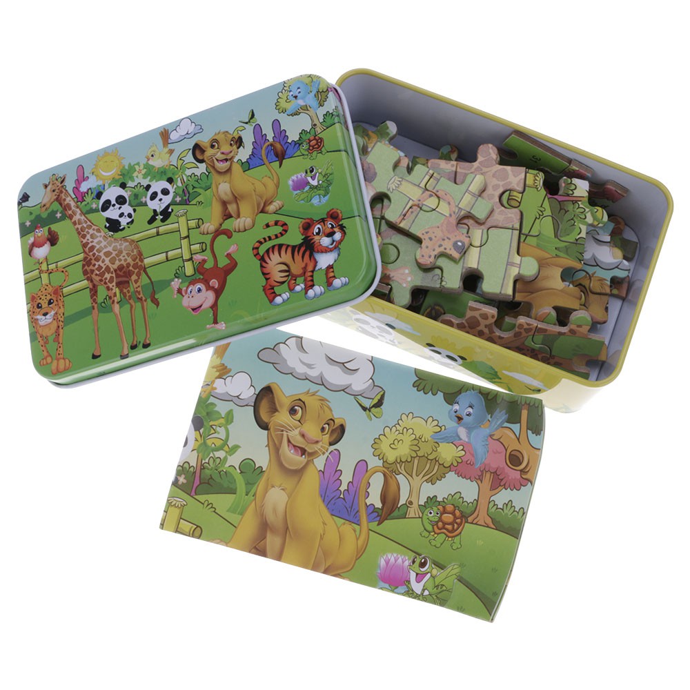 Vanker Mainan 60Pcs Puzzle Kayu Gambar Kartun Dengan Kotak Penyimpanan Besi Untuk Asah Otak