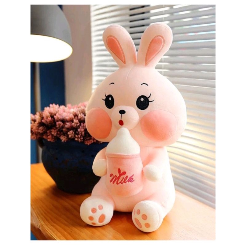 Boneka Kelinci Rabbit Pink Milk Bottle Pegang Dot Susu Bahan Plush Import Terbaru Imut Lucu