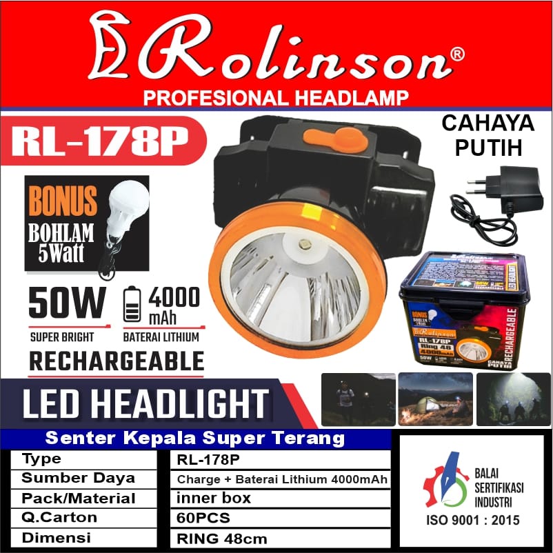 Rolinson Senter Kepala Cahaya Kuning RL 178K / RL 178P Cahaya Putih / PROBEST LED 30W PB-30S / PROBEST 80W PB-80S Senter Kepala Led Super Terang Headlamp Outdoor Waterproof