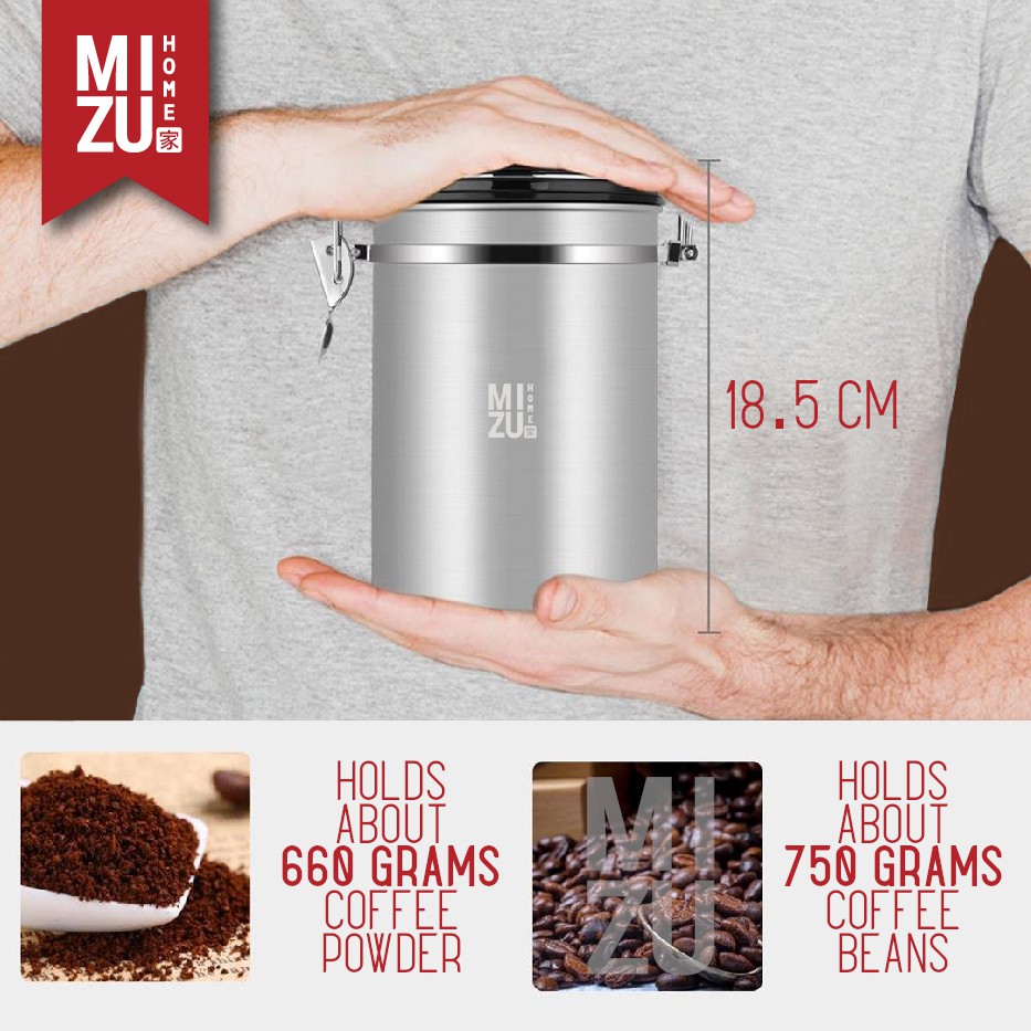 MIZU HERMETIQUE 1800ml TIMER Airtight Coffee Canister Stainless Steel Toples Kopi Kedap Udara