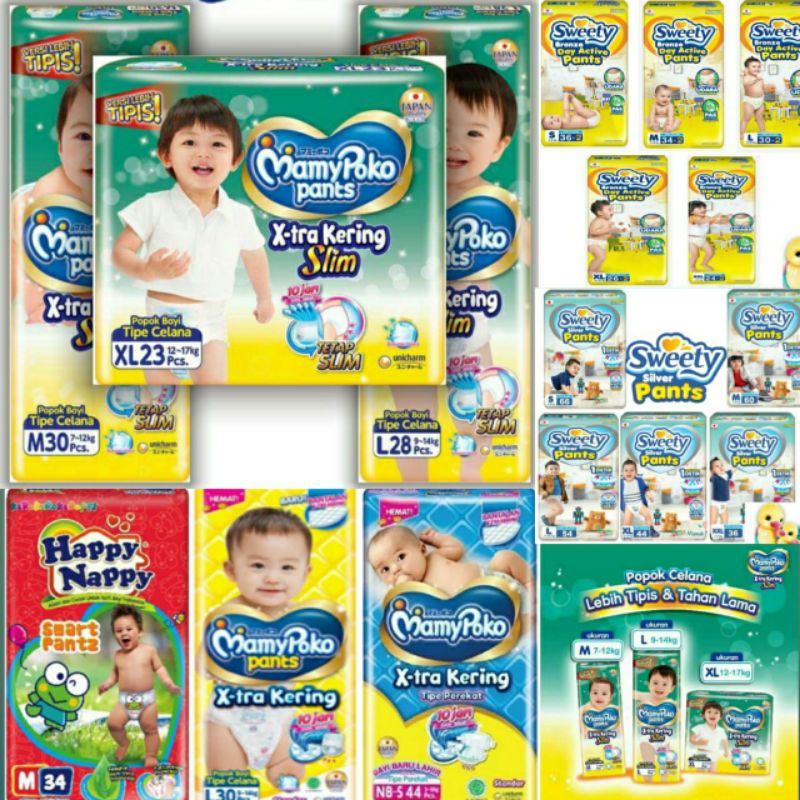 

Baby Diapers MamyPoko Extra Slim , Standart Happy Nappy Sweety Bronze , Silver Pants Merries