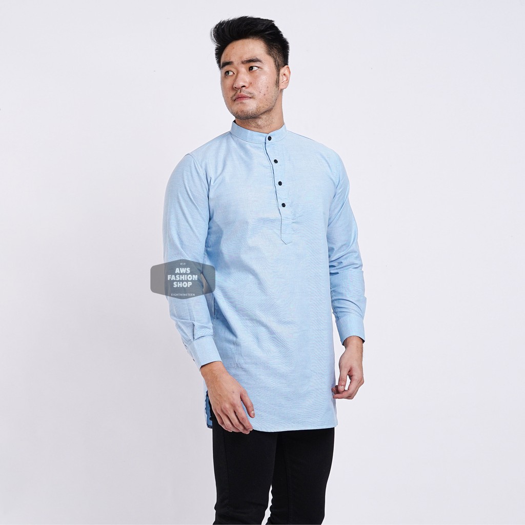 Baju Koko Lengan Panjang Kemeja Kurta Pria Cowok Biru Muda Polos Kerah Shanghai Ada Big Size