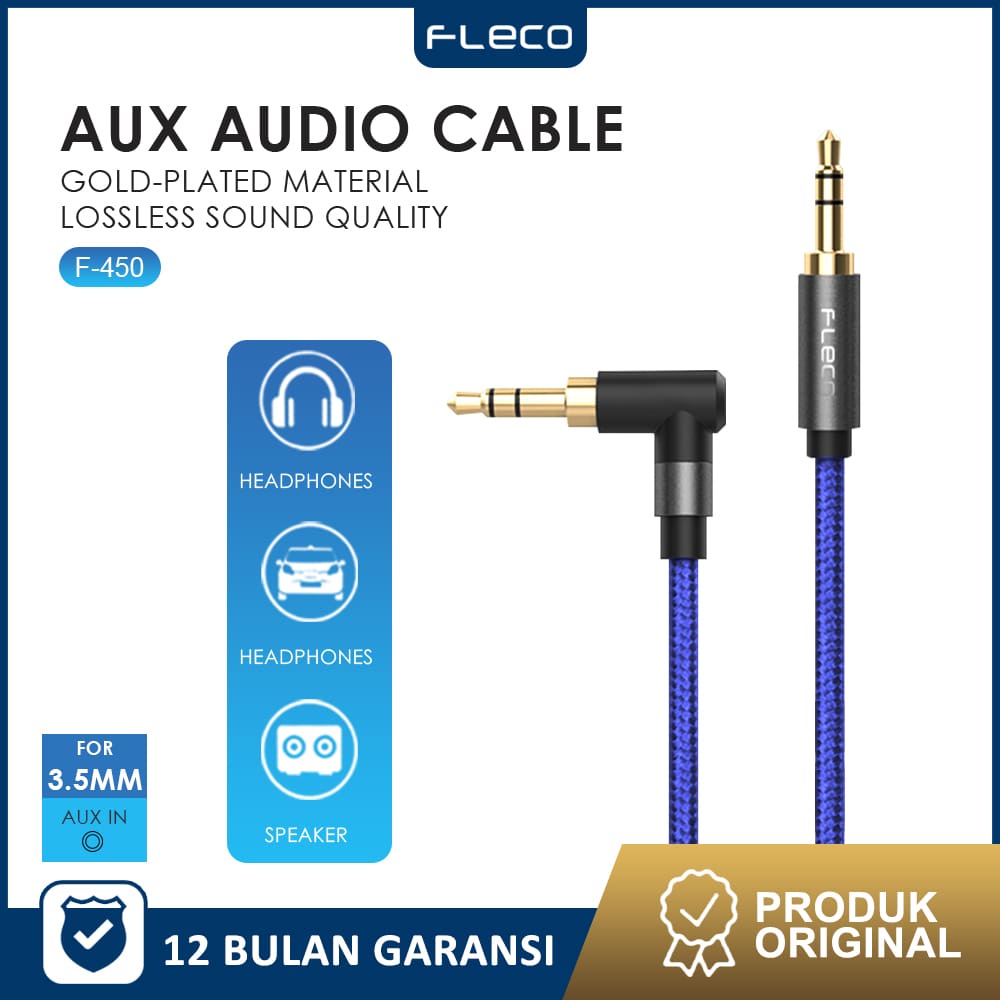 kabel aux 1 IN 1  audio metaL spring L 1M 1×1 3.5mm FLECO F-450 - Garansi 1 Tahun Rusak Ganti Baru