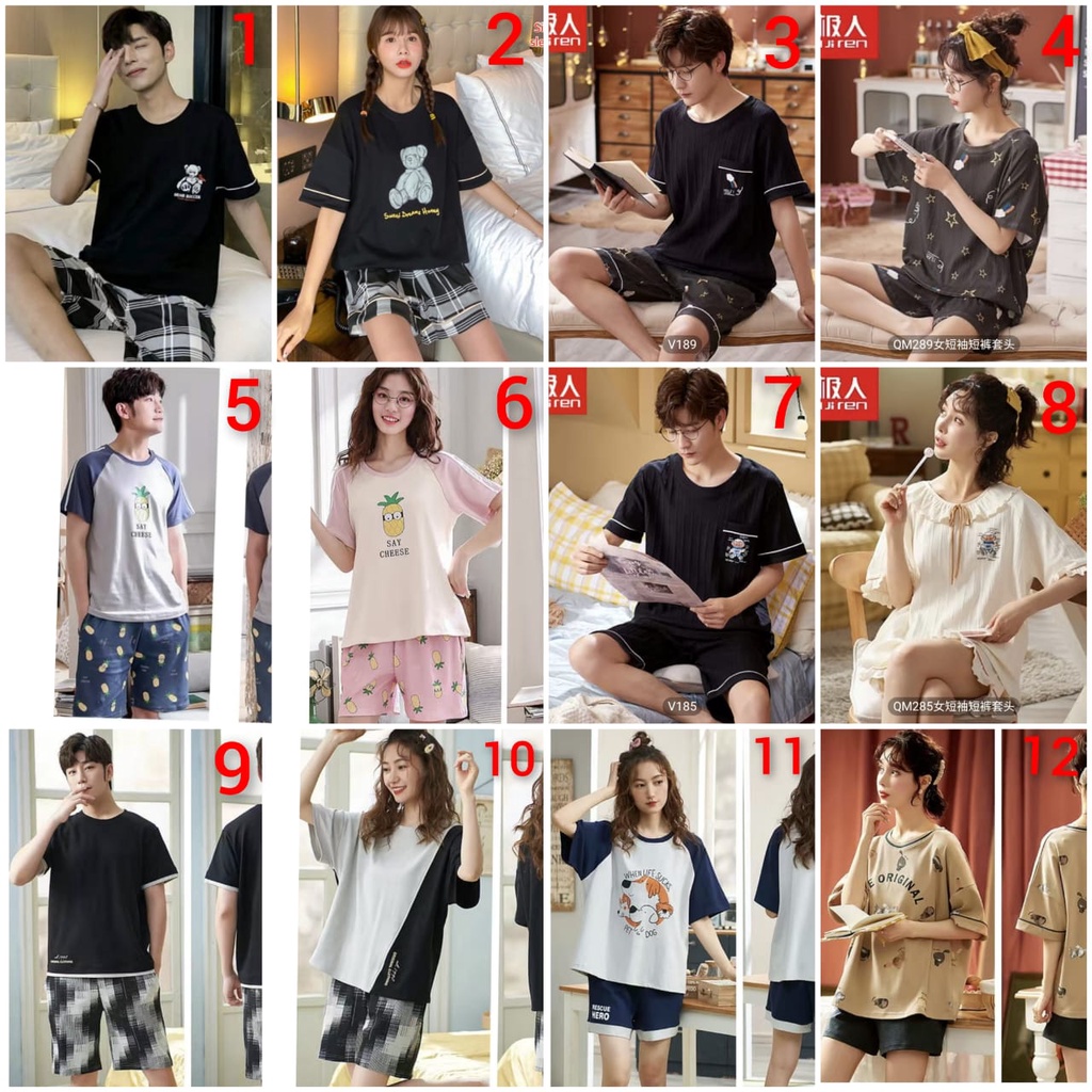 BAJU TIDUR PIYAMA CEWEK COWOK HP KATUN ;HALUS TEBEL ADEM IMPORT BERKUALITAS LENGAN PENDEK SETELAN CELANA PENDEK HOTPANTS MOTIF TERBARU WARNA CERAH SIZE M-XXXL FIT TO 85KG