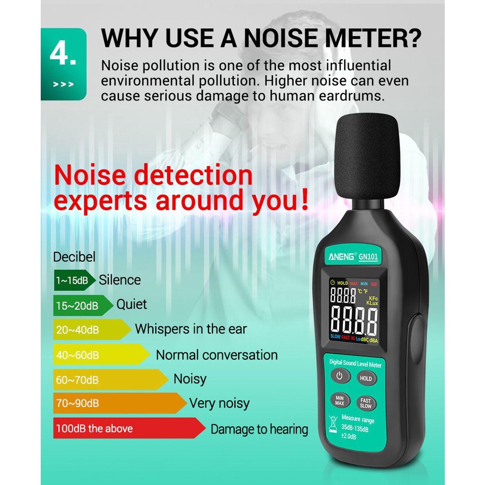 Solighter Digital Noise Meter Presisi Tinggi 35-135 db Diagnostik-Alat Pengukur Tingkat Suara Cerdas