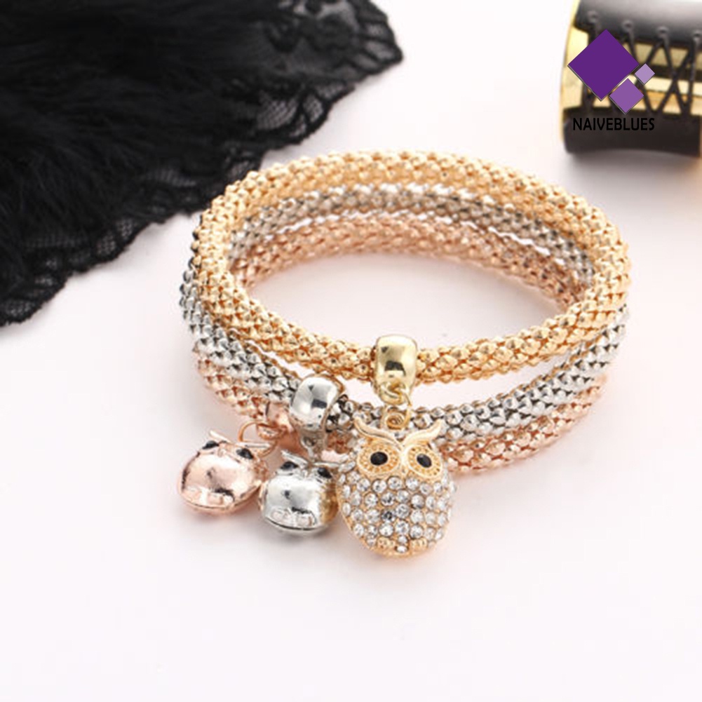 3pcs / Set Gelang Liontin Pohon Burung Hantu Aksen Berlian Imitasi Untuk Wanita