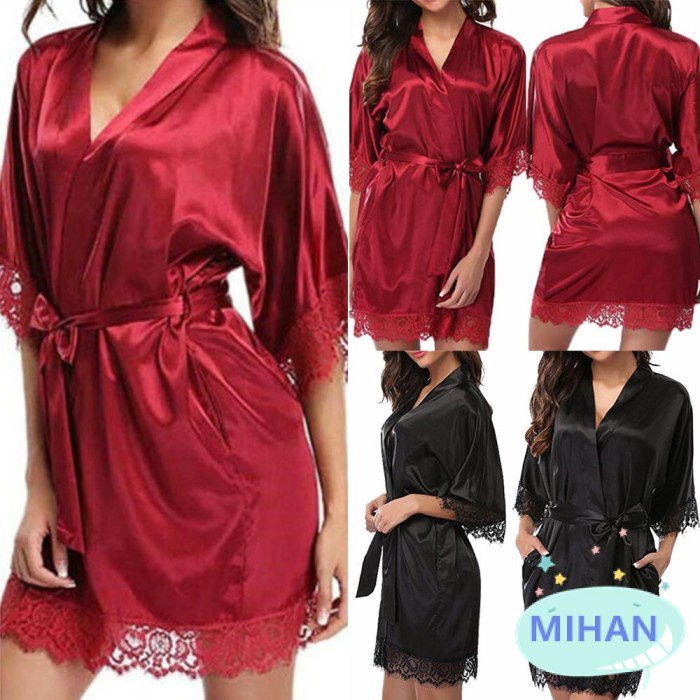 Baju Tidur - Mihan Kimono Lingerie Wanita Lengan Panjang Bahan Satin Silk Aksen