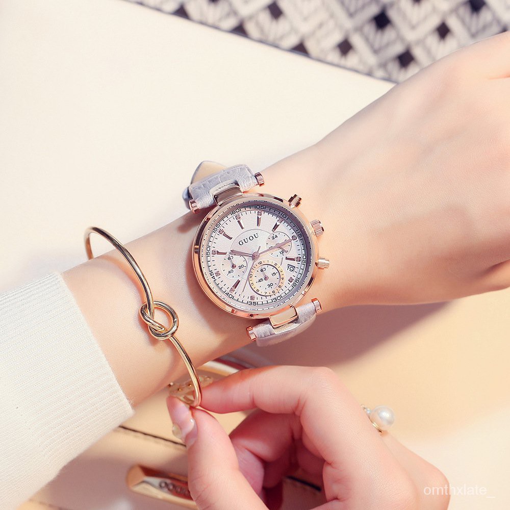 【Factory Outlet】GUOU Jam Tangan Wanita Fashion Amerika Guou Tiga Mata Multifungsi Jam Tangan Quar