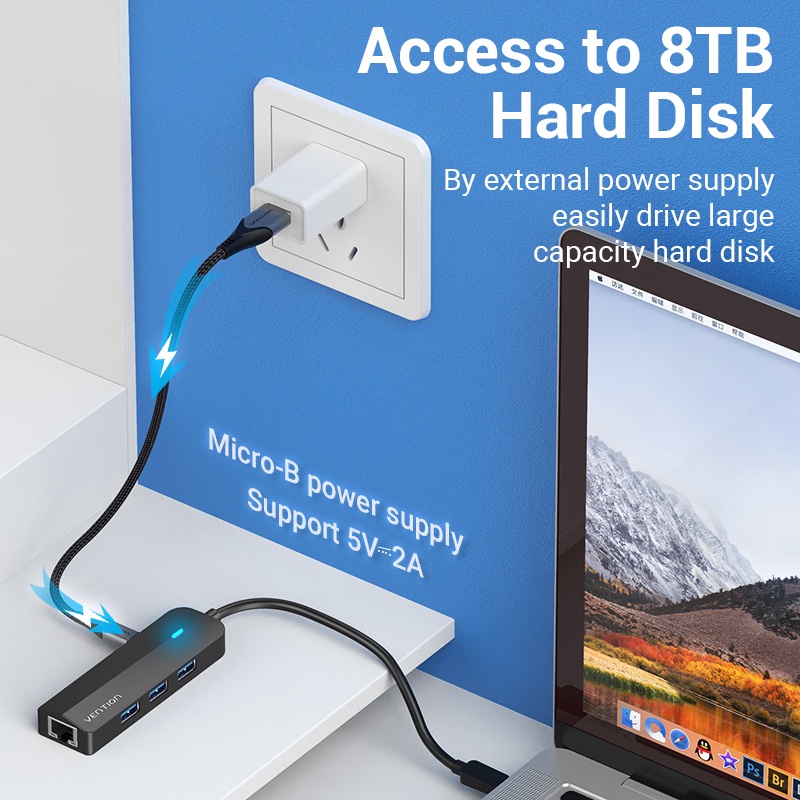 Vention Adapter Hub 5 In 1 Dengan Power Supply Usb C Ke 3.0 / Rj45 Network Port / Micro-B Docking Station Untuk Laptop