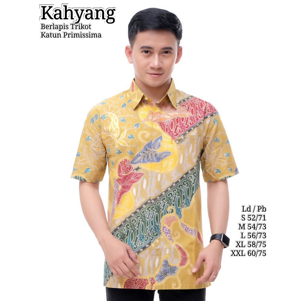 Model Hem Batik Cowok Kombinasi - Kemeja Batik Tulis Pria Lengan Pendek Motif Kahyang Warna Kuning