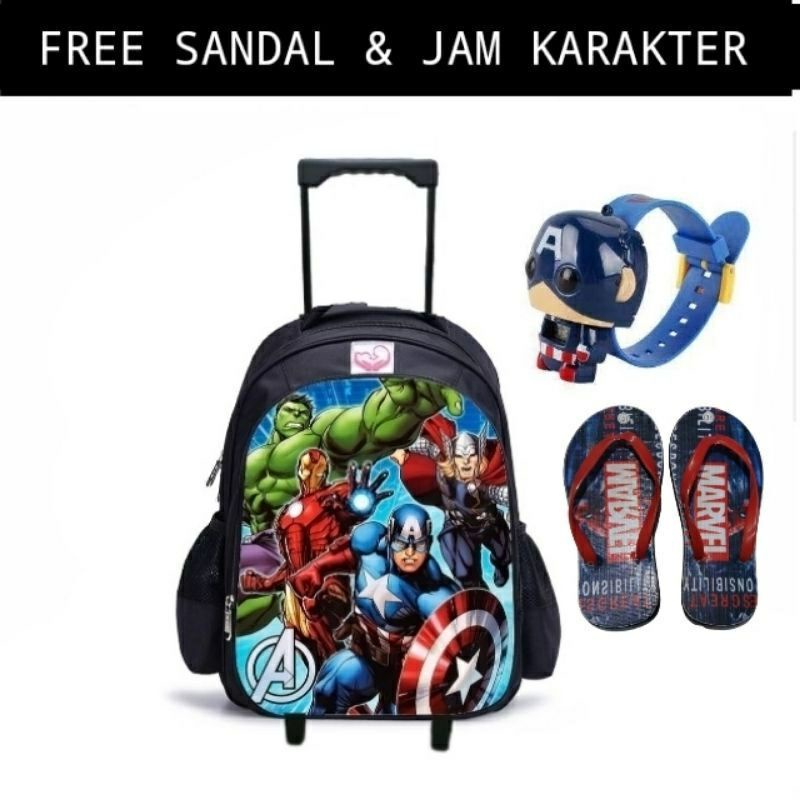 COD/ Paket Hemat 3in1 Tas Ransel Troli Anak Laki-laki/Ransel Troly Superhero Free Jam Tangan Dan Sandal spon