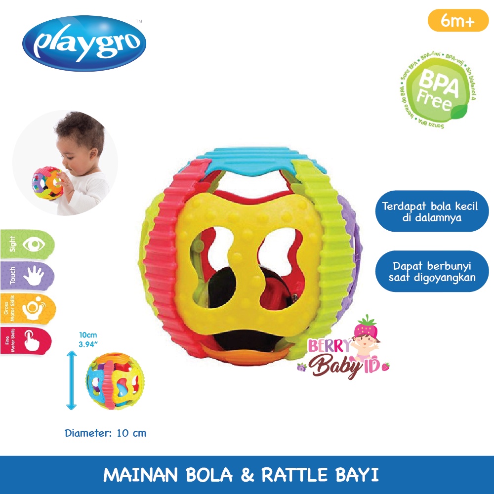Playgro Shake Rattle &amp; Roll Ball Mainan Bola Bunyi Bayi Balita 6m+ Berry Mart