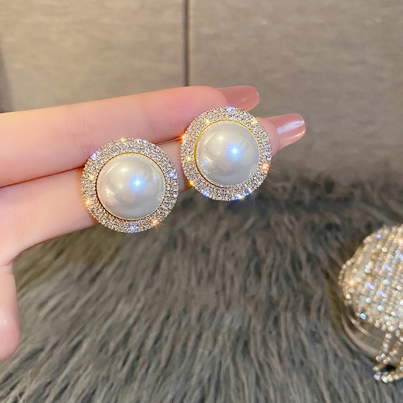 Anting Stud S925 Silver Bentuk Bulat Geometris Aksen Mutiara Berlian Imitasi Untuk Wanita